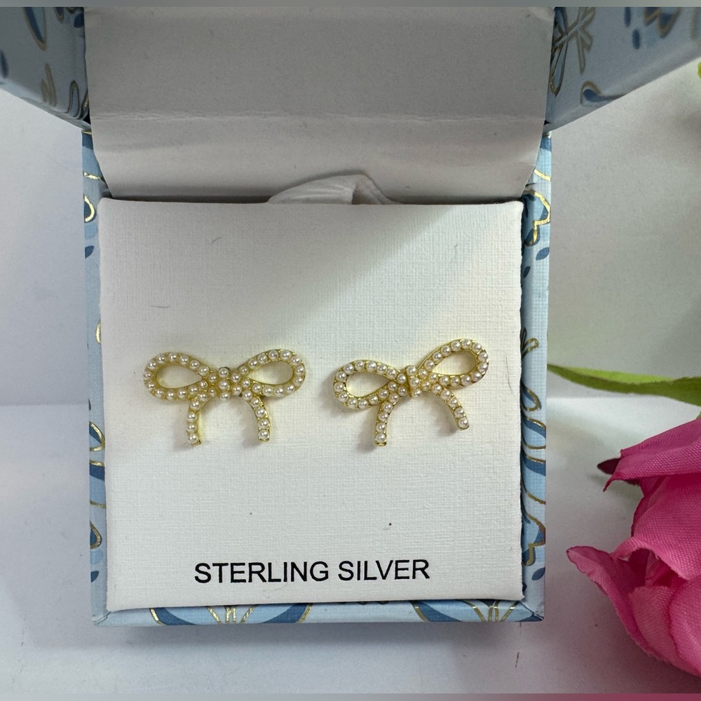 Rachel Zoe Sterling Silver Gold and Pearl Bow Earrings